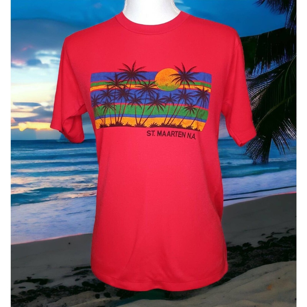 Vintage St. Maarten T Shirt Men’s Medium Palm Tree Sunset Red Single Stitch USA